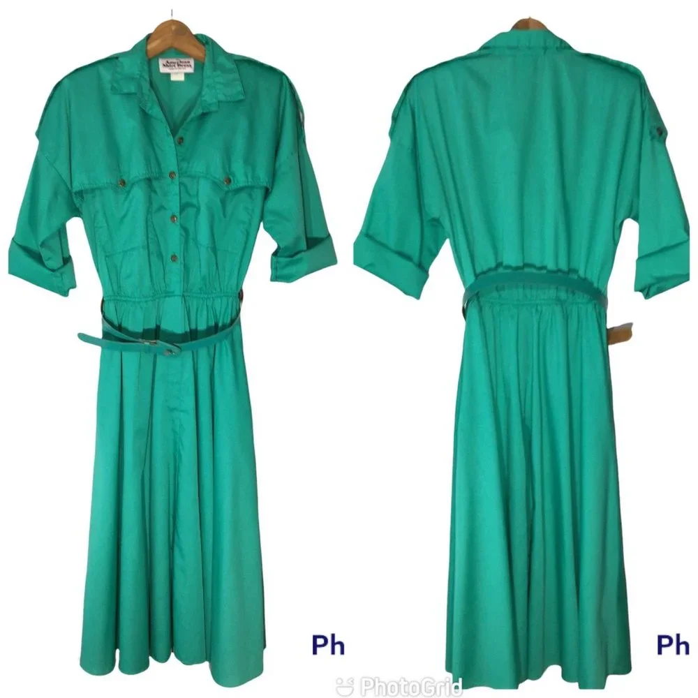Vintage 80s Day Dress, Green Shirt Dress, Vintage Dress with Pockets Size Medium - Picture 1 of 14